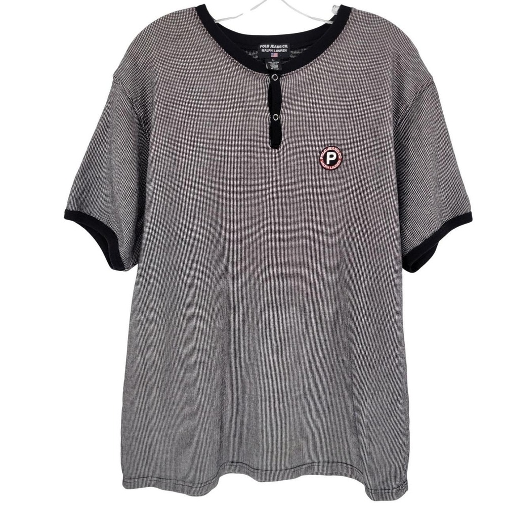 VTG Polo Jeans Co Ralph Lauren Mens L Waffle Knit Henley Shirt Black Ringer